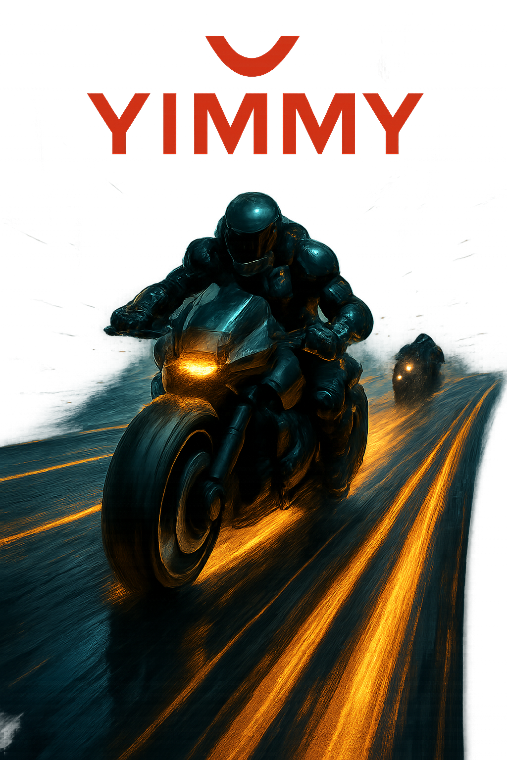 โปสเตอร์แอคชั่นแนวแข่งความเร็วจักรกล โลโก้ Yimmy สีแดงบนเส้นทางเรืองแสง